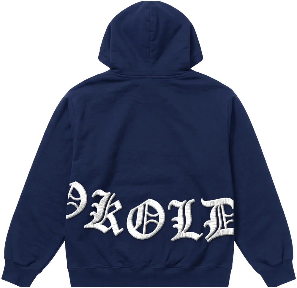 Navy zip-up hoodie, back