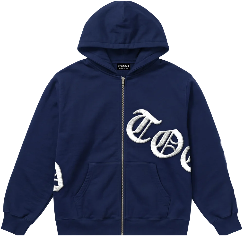Navy zip-up hoodie, front
